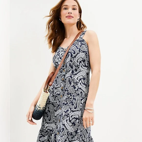 LOFT Dresses Loft Paisley Linen Blend Strappy Button Tiered